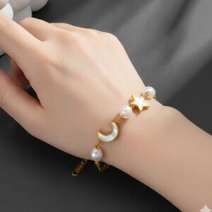 3/$35 Gold Plated Celestial Gold Charm Chain Bracelet Star Moon Pearls Stainless